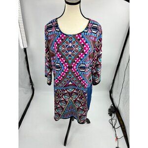 Pink Owl Womens Size L Multicolor Geometric Print Dress 3/4 Sleeve Boho Tunic